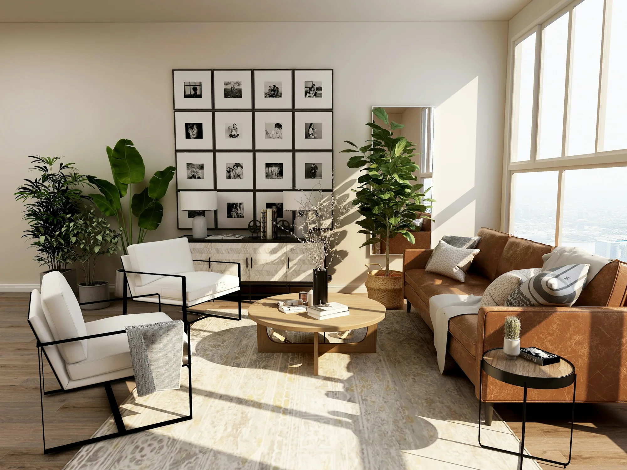 Sunlight falling across a welcoming living room with armchairs, timber flooring and leafy plants